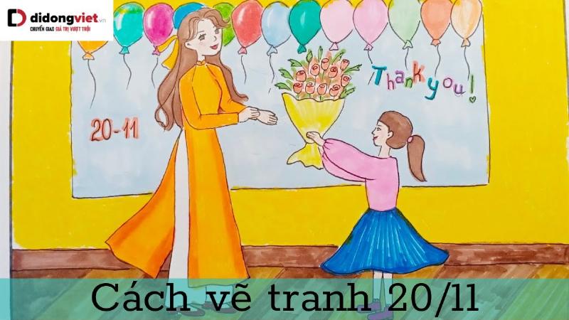 Học sinh đang vẽ tranh 20 tháng 11 với chủ đề tri ân thầy cô giáo